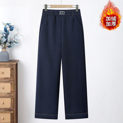 妈妈冬装加绒加厚休闲牛仔裤今年流行的中老年女装松紧腰保暖裤子
