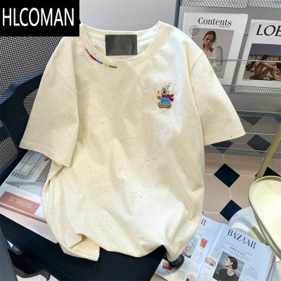 HLCOMAN奶系复古可爱小熊刺绣彩点短袖T恤男女夏季甜美减龄百搭休闲上衣
