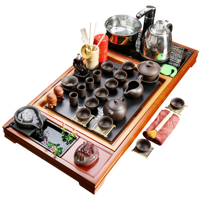 艺锦蓝国产整套功夫茶具套装电热炉全自动上水陶瓷茶具茶盘色釉紫砂茶具套装家用款10：兰花流水红茶盘紫砂茶具