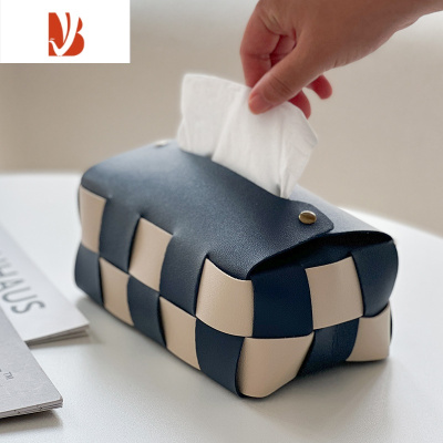 三维工匠蔓越家 ins网红款复古棋盘纸巾盒客厅抽纸收纳盒车载抽纸盒抽纸袋 Shan-棋盘格海蓝