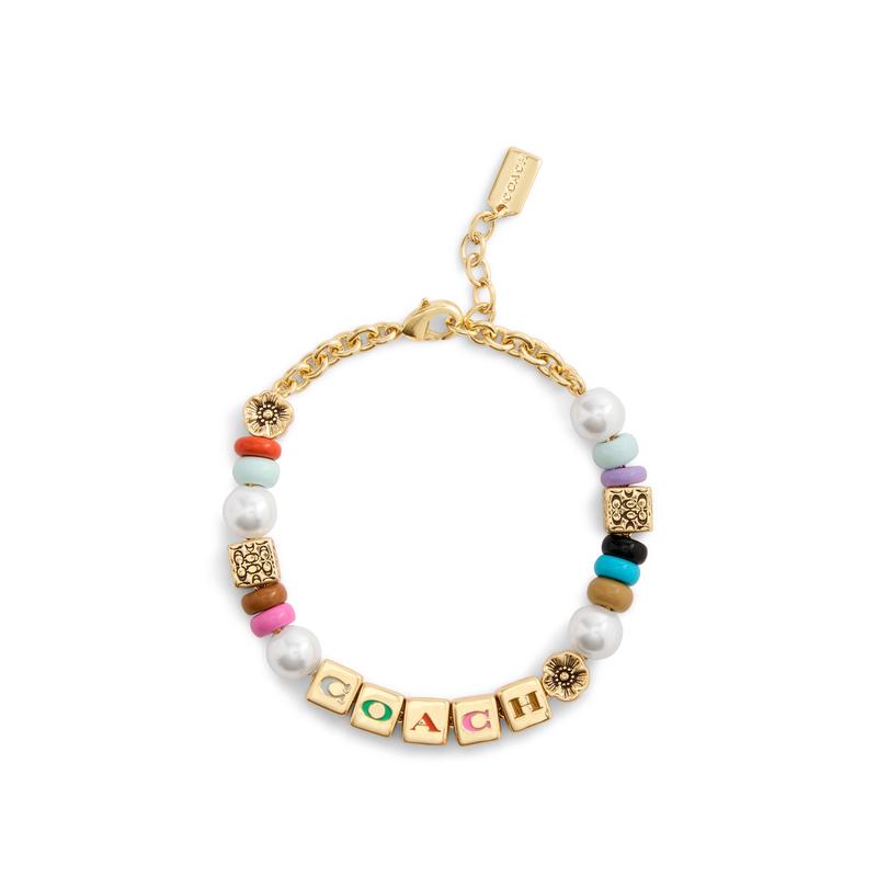 COACH蔻驰 女士多彩仿珍珠镀金手链伸展设计金属珠饰手镯送女友礼物