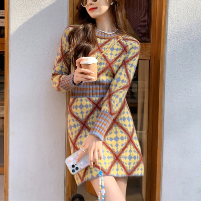 [3件8.5折135.9元,叠加优惠券]唐狮秋季新款风菱格图案收腰显瘦连衣裙小个子气质女裙qd