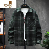 YANXU秋季磨毛格子衬衫男加厚日系宽松条纹长袖衬衣复古潮流帅气男外套