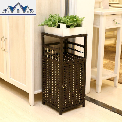 简约藤编收纳柜简易床头柜花架电话架带拉双层置物架小书架 三维工匠