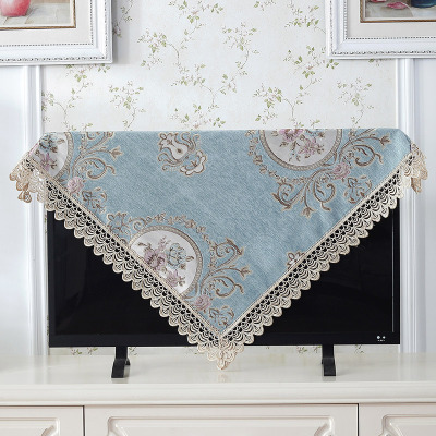 欧式电视机盖布蕾丝防尘罩套布电视帘液晶帘挂式50 语晨小花边-蓝色 85*85cm(27-37寸电视机可用)床头柜也可用