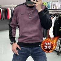 加绒保暖卫衣男士秋冬季潮牌青年打底上衣时尚拼接撞色内搭体恤衫