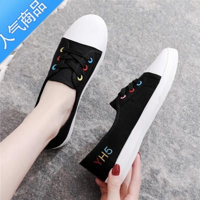 SUNTEK老北京布鞋女一脚蹬懒人薄款平底小白帆布鞋2023新款秋季韩版鞋子