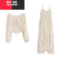 YIBUSHENG吊带连衣裙大裙摆重工长裙套装外搭罩衫季雪纺不规则度假裙子