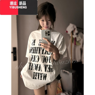 YIBUSHENG国潮牌美式高街字母短袖t恤女季2024新款oversize半袖上衣
