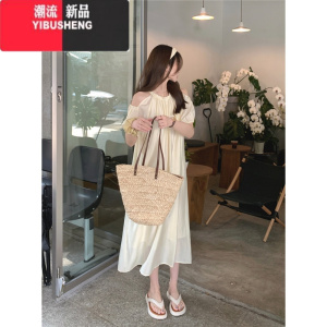 YIBUSHENG氛围感黑色露肩雪纺短袖连衣裙女季新款韩系气质宽松度假长裙子