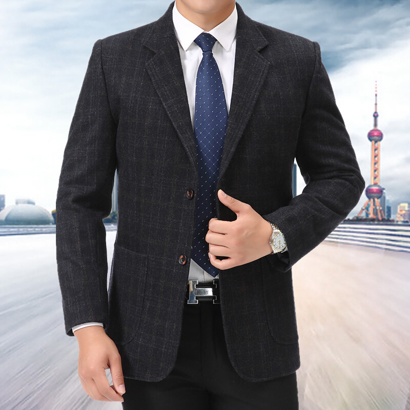 迪鲁奥(DILUAO)春秋中老年男士羊毛呢西服外套男厚款中年西装上衣爸爸装休闲便西