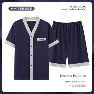 新款大码开衫男士睡衣V领短袖短裤薄款秋夏可外出休闲透气家居服