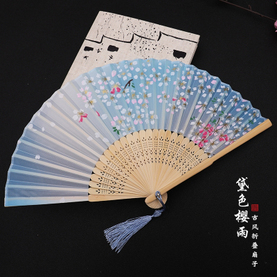 扇子折扇法耐中国风女式古风流苏夏日随身古典古装古代汉服折叠小竹扇_15黛色樱雨