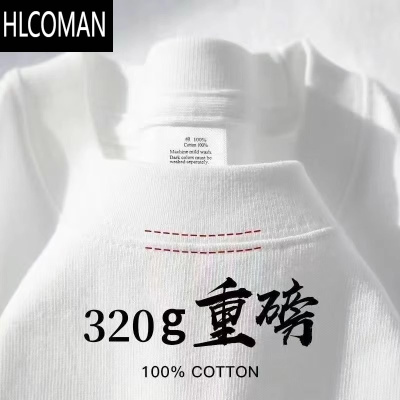 HLCOMAN320g新疆棉短袖T恤纯白宽松休闲打底衫不透夏季纯白男女