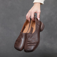 头层牛皮软底一脚蹬方头鞋秋季新款真皮妈妈鞋搭褶皱软皮单鞋