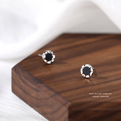 s999足银黑玛瑙不规则耳钉男女简约百搭时尚气质小众设计耳饰批发送女朋友老婆情人节七夕生日礼物