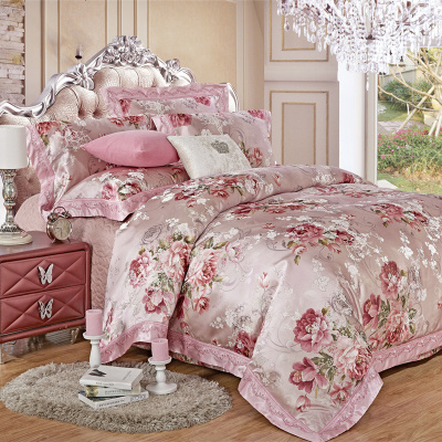 欧式贡缎样板房贡缎提花锦缎纯棉四件套全棉美式结婚庆床盖四件