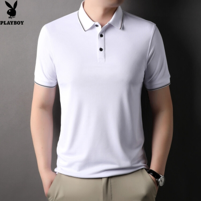 花花公子2024年新款男装纯白色短袖T恤男士上衣服翻领基础时尚休闲日常