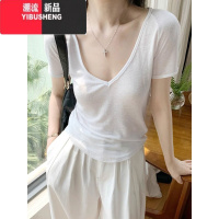 YIBUSHENG纯欲风深V领短袖T恤女装2024季设计感小众修身薄款微透休闲上衣