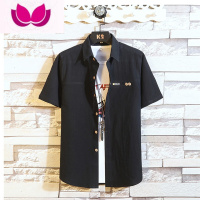 七斓夏季新款亚麻短袖衬衫男韩版潮流男式棉麻衬衣男士休闲修身寸衫潮