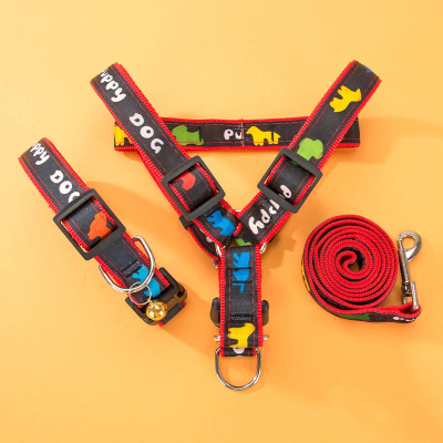 狗狗牵引绳狗链子遛狗绳项圈背带幼犬小型中型犬泰迪柯基宠物用品_#萌趣#黑色小马三件_S建议3-6斤