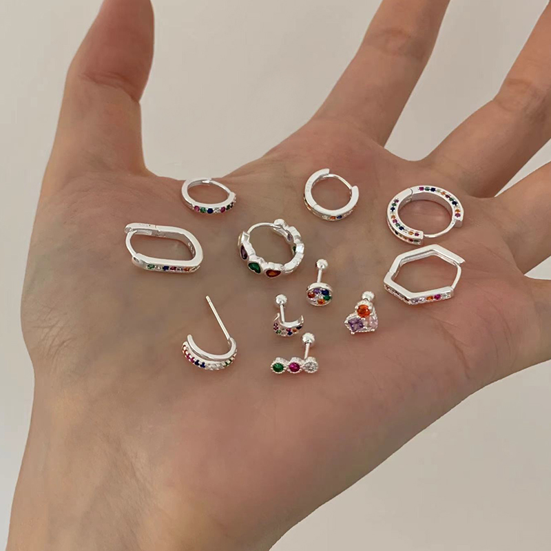 S925纯银彩钻爱心几何耳扣耳钉女复古潮流耳环韩系配饰闺蜜款送女朋友老婆情人节七夕生日礼物