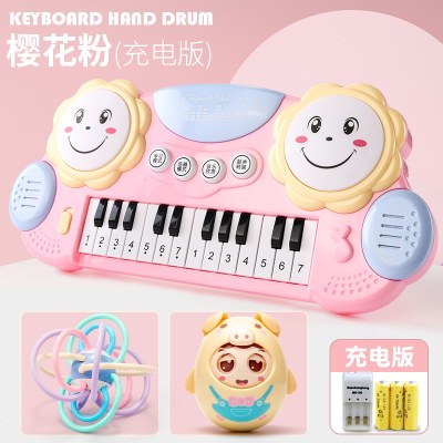 婴幼儿童电子琴玩具宝宝早教音乐男孩女孩1-3岁小孩生日2樱花粉送充电-+不倒翁+牙胶球