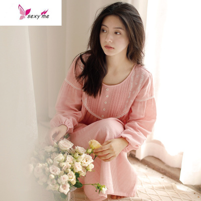 日系三层棉纱布长袖睡裙女长款套头甜美刺绣夏天棉家居裙FISHBASKET