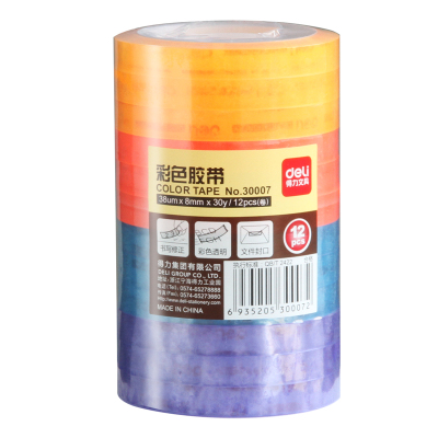 得力30007彩色强韧型文具胶带8mm*30y*38um(混)(12卷/筒)[3筒装]