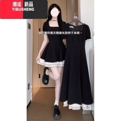 YIBUSHENG大码女装法式短袖连衣裙季赫本风小黑裙胖MM高级感收腰显瘦裙子