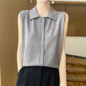 Polo领无袖背心内搭气质打底衫纯色翻领薄款开衫针织马甲