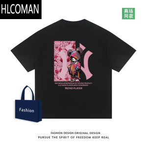 HLCOMAN[595]AB面,美式复古学院夏男女同款半袖潮牌男装宽松T恤短袖