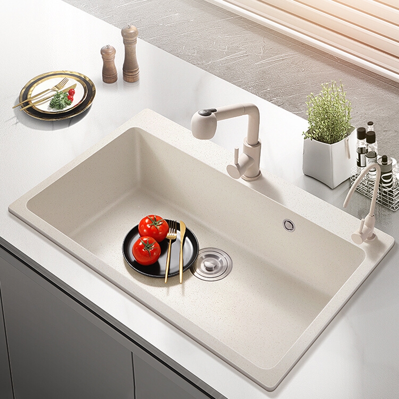 石英石洗菜盆水槽半梅单槽家用菜盆洗菜池花岗岩厨房水池燕麦色