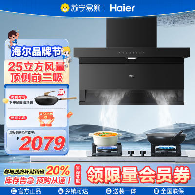 海尔一级能效顶侧双吸油烟机CXW-358-E900C71 25m³/min大吸力钢化玻璃面板触摸控制支持照明功能