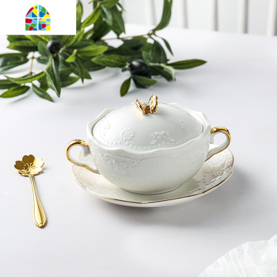 欧式燕窝小碗金边双耳蒸蛋碗陶瓷甜品糖水碗带盖套装鱼翅银耳汤盅 FENGHOU 圆盘+盖碗+金勺(白色)