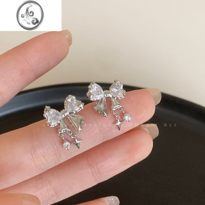 JiMi星光璀璨!蝴蝶结锆石耳钉女小众设计感高级耳饰时尚气质网红耳环
