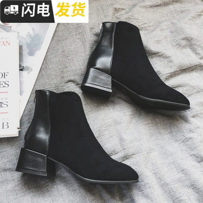 靴子女短靴2018秋冬新款百搭高跟粗跟ins马丁靴女短筒红瘦瘦靴启如