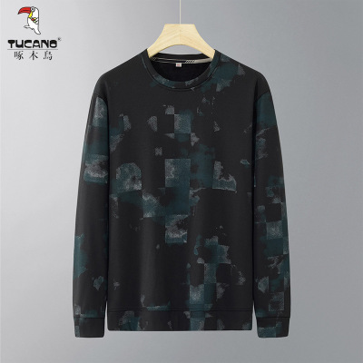 啄木鸟大码圆领印花卫衣男士宽松休闲长袖T恤胖子男装打底衫上衣