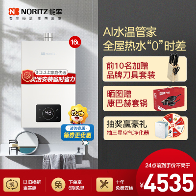 能率(NORITZ)16升零冷水燃气热水器 GQ-16E5FEXQ)天然气 分段燃烧 多维防干扰 降噪强排式