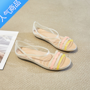 SUNTEK夏季软底水晶果冻鞋女平跟鱼嘴塑料胶凉鞋妈妈舒适雨天防滑沙滩鞋