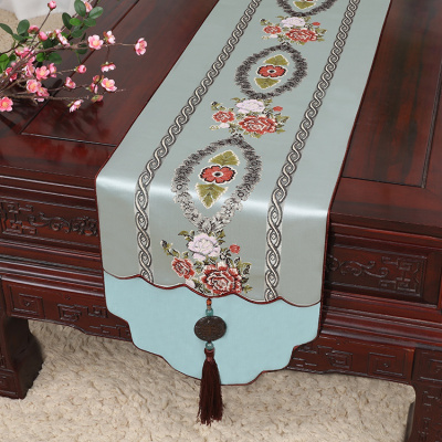 美帮汇新中式古典玉桌旗茶几长条布艺中国风桌布床柜旗电视柜盖布 蓝 34*180适合桌长120-130CM