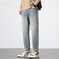 美式复古水洗直筒牛仔裤男宽松垂感阔腿裤做旧磨白休闲长裤