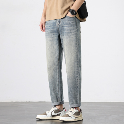 美式复古水洗直筒牛仔裤男宽松垂感阔腿裤做旧磨白休闲长裤