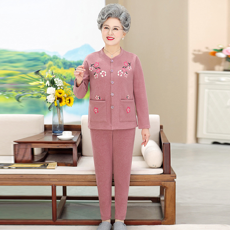 中年人冬装女奶奶保暖内衣套装加厚妈妈加绒开衫套装两件套睡衣