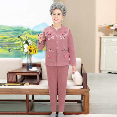 中年人冬装女奶奶保暖内衣套装加厚妈妈加绒开衫套装两件套睡衣_2