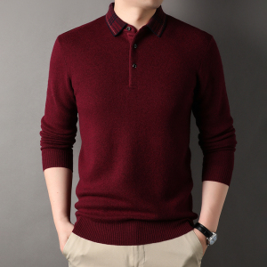 春秋季纯100纯山羊毛绒衫男中年翻领本命年红色2024春秋装EERDS羊毛衫新款长袖T恤男针织打底衫男保暖体恤衫
