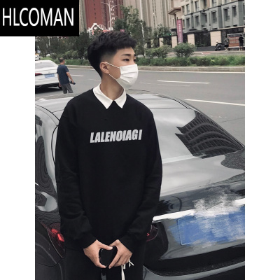 HLCOMAN冬季加绒无帽卫衣男网红潮牌字母印花圆领宽松上衣纯色百搭外套潮