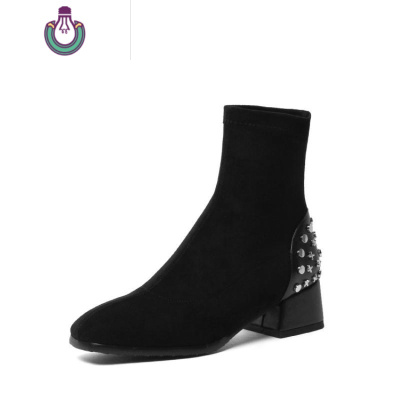 FISHBASKET马丁靴女中跟粗跟瘦瘦弹力短靴女大码40女鞋41女靴脚宽肥胖铆钉43女士靴子