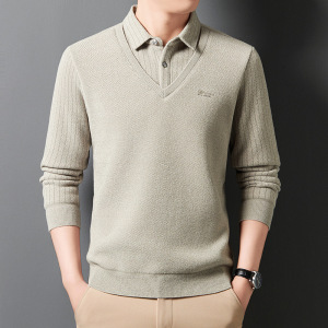 新款秋冬季男士宽松针织衫中青年翻领假两件加绒打底毛衣