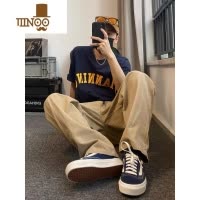 YANXU日系cityboy工装裤男美式复古卡其色松紧腰阔腿宽松直筒长裤